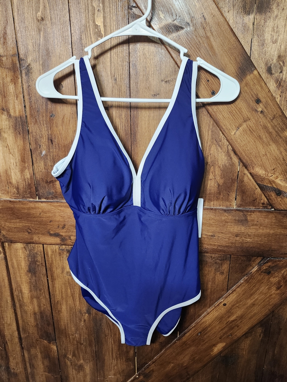 Navy Blue One-Piece Swimsuit with White Trim